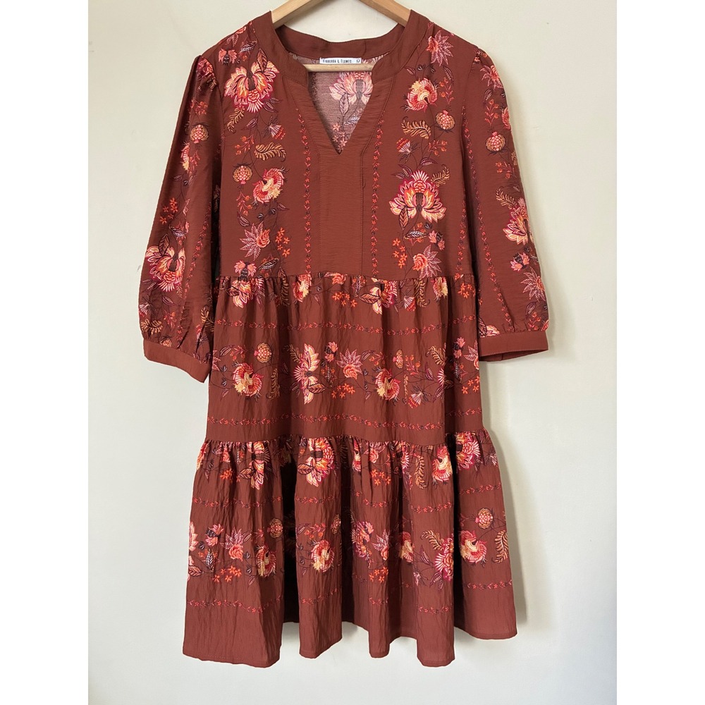 Figueroa & Flower Anthropologie Rust Floral Tiered Babydoll Dress Brown Boho M